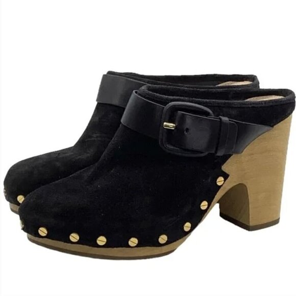 VERONICA BEARD Dacey Clogs Buckled Strap Studded Black Suede Wooden Heel Mule - Picture 8 of 9